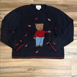 VTG Christopher & Banks Embroidered Bear Crew Neck Sweater Sz M Navy Blue